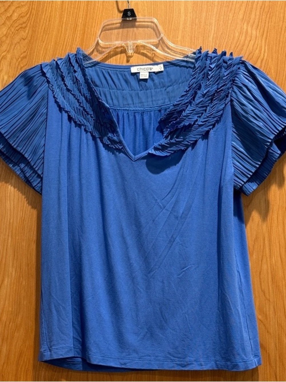 Chico's Cobalt Blue Pleated V-Neck Short Sleeve Blouse